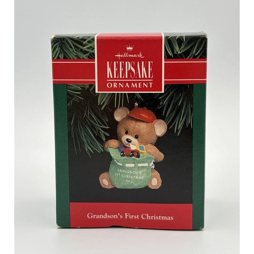 Hallmark Keepsake Ornament Grandson's First Christmas 1992 Bear Toy Bag Vintage